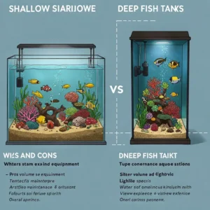 A visual comparison illustrating the key differences between shallow and deep fish tanks and their respective suitability.
