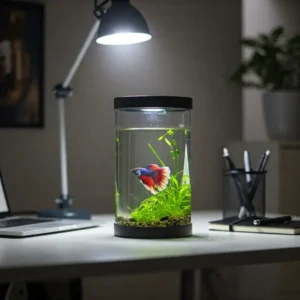 Small cylindrical fish tank ideal for a single betta fish on a desk.