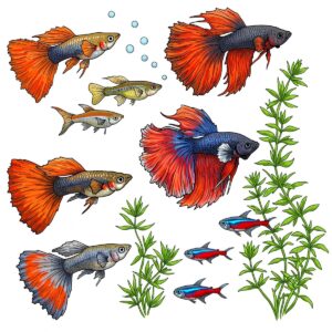 Illustration featuring examples of small fish species suitable for a 5 gallon tank, such as bettas and guppies.