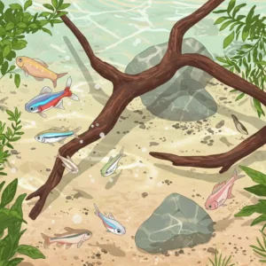 Illustration showcasing suitable fish species for a shallow fish tank.