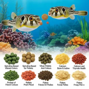  An illustration showcasing different types of specialized dry pellets and flakes formulated as supplementary puffer fish food.