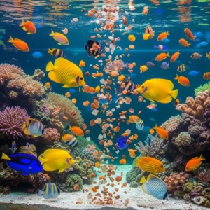 Vibrant tropical fish eagerly feeding on high-quality fish food flakes in a clean aquarium.