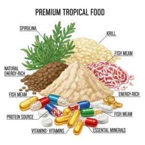 Illustration of key ingredients in premium tropical fish food, including spirulina and krill for optimal nutrition.