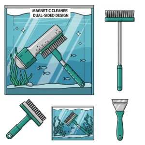 Icons or collage showcasing various types of aquarium glass cleaners, including magnetic, long-handled, and scraper tools, to illustrate different cleaning solutions.