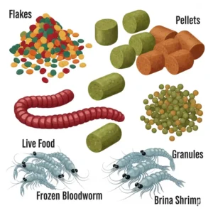 Various forms of tropical fish food illustrated: flakes, pellets, granules, frozen, and live options for diverse diets.