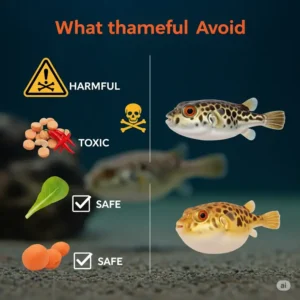 A graphic clearly illustrating foods that are harmful or unsuitable for puffer fish, emphasizing what to avoid when considering puffer fish food.