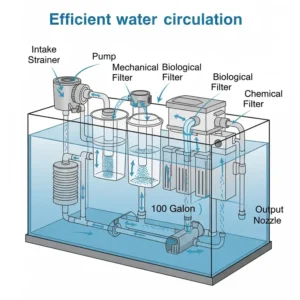 Diagram showing the water flow path through a typical filter system in a 100 gallon fish tank, illustrating efficient water circulation.