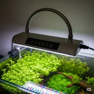 An image showing an adjustable fish tank light fixture positioned over a planted tank, emphasizing features like dimming and timer functions for plant care.