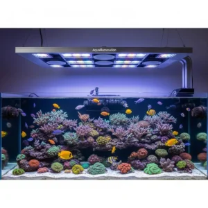The sleek design of an AquaIllumination Hydra 32HD LED light fixture mounted above a vibrant reef tank, showcasing advanced lighting for a hydra fish tank setup.