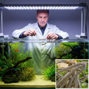  A professional aquarist carefully applying a treatment to control hydra organisms in a well-maintained hydra fish tank.