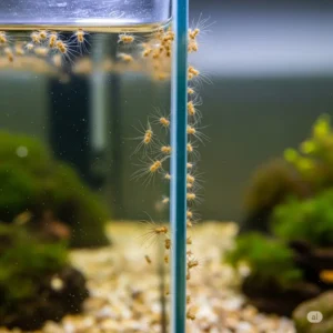 A section of an aquarium glass showing a visible cluster of hydra organisms, illustrating a common issue in a hydra fish tank.