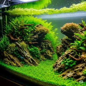 Essential tools for maintaining a rocky fish tank, including an algae scraper, gravel vacuum, and long-handled tongs.