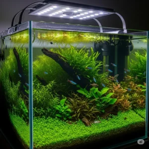 A side view of a planted aquarium with an effective light fixture, demonstrating how fish tank lights contribute to vigorous plant growth and a balanced ecosystem.