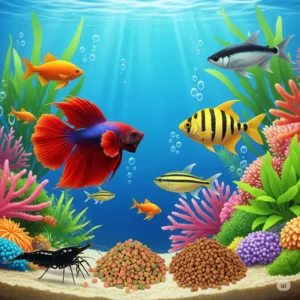 Illustration of diverse aquatic animals thriving due to a diet of protein-rich fish food, highlighting improved health and color.