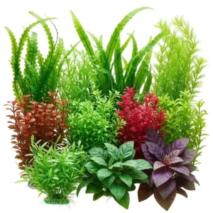 Assortment of different types of silk fish tank plants, showcasing various colors and styles for aquarium decor.