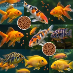 Illustration of an automatic fish feeder dispensing precise amounts of floating fish food for convenient feeding