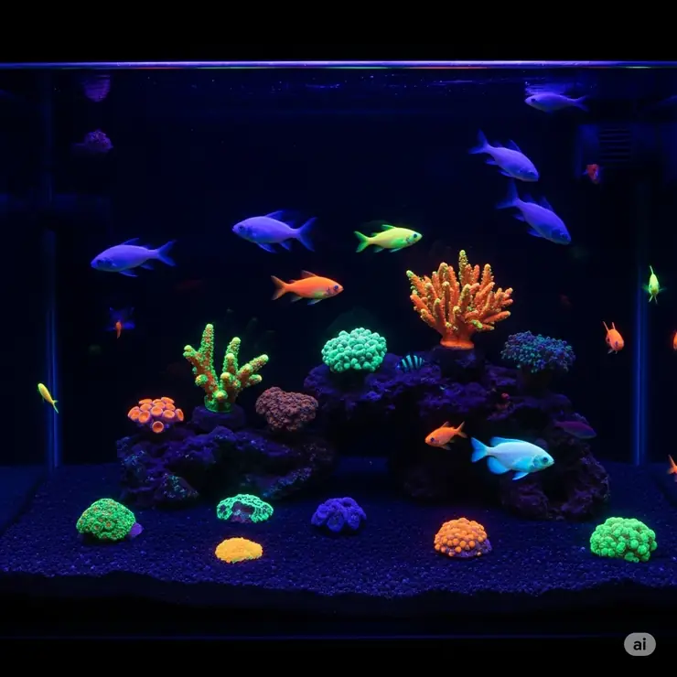 A vibrant black light fish tank showcasing glowing fish and fluorescent aquarium decorations under UV illumination, creating a stunning underwater display.