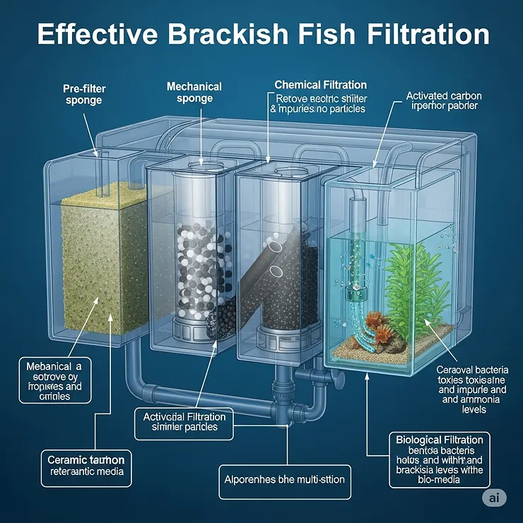 Close-up illustration detailing an effective filtration system for a brackish fish tank, highlighting mechanical, chemical, and biological filtration components.