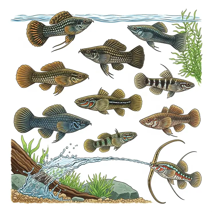 Collection of illustrations featuring popular brackish fish species suitable for a brackish fish tank, such as mollies, gobies, and archerfish.
