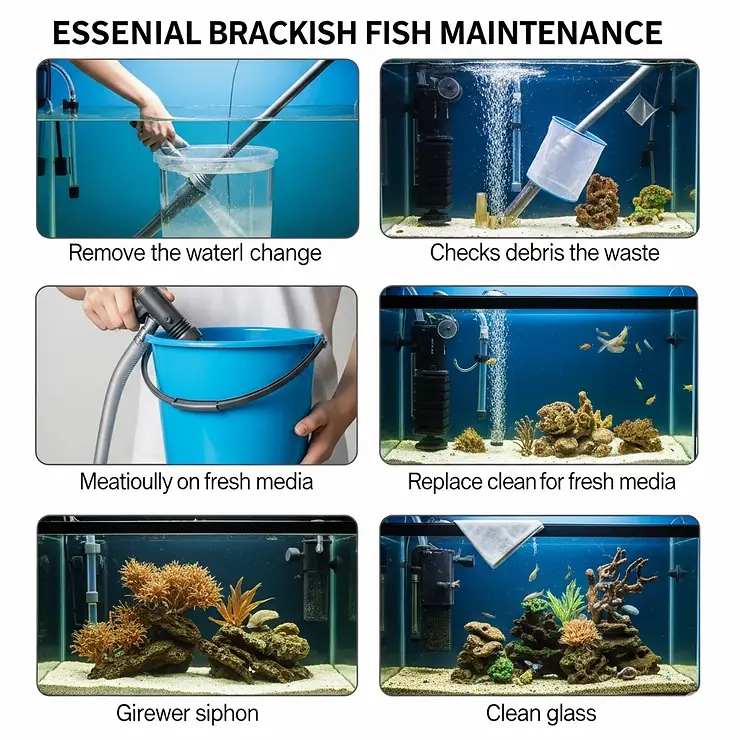 Visual representation of essential brackish fish tank maintenance tasks, such as water changes, gravel vacuuming, and filter cleaning, for a healthy aquarium.