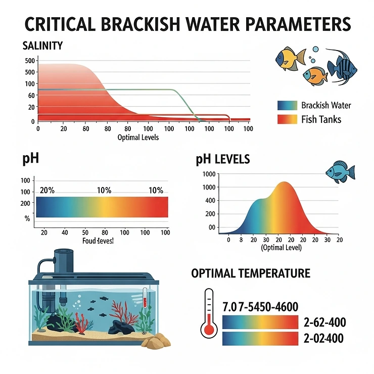 Infographic displaying key brackish water parameters such as salinity, pH, and temperature, crucial for maintaining a stable brackish fish tank environment.