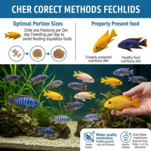 A visual guide demonstrating proper feeding techniques for cichlids, including recommended portion sizes and frequency per day, to prevent overfeeding and maintain water quality.