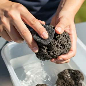 Hands gently scrubbing a piece of lava rock, demonstrating the proper way to clean and prepare lava rocks before introducing them into a fish aquarium.