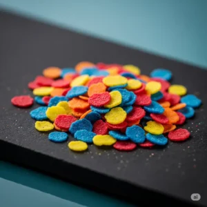 Depiction of color-enhancing flakes, an exotic fish food formulated with natural pigments to intensify the vibrant hues of tropical fish.