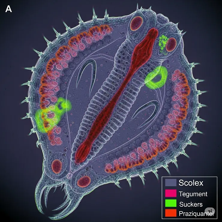 Microscopic view of common fish parasites like flukes and tapeworms, targeted by praziquantel