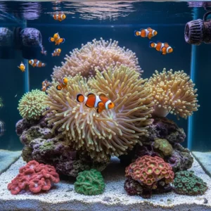 Colorful clownfish swimming amongst the polyps of an anemone or host coral in a thriving fish tank environment.
