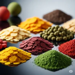 A vibrant assortment of specialized exotic fish food, including flakes, pellets, and freeze-dried options, catering to diverse dietary needs of tropical and rare aquatic species.