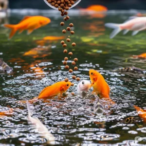 A close-up of high-quality food pellets being sprinkled into a vibrant home aquarium, showing fish eagerly approaching