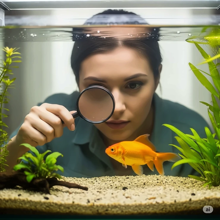 Aquarium enthusiast inspecting fish for parasites before considering praziquantel use