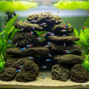 Small, colorful fish peeking out from crevices within a stack of lava rocks in a well-maintained fish aquarium, illustrating natural fish habitats.