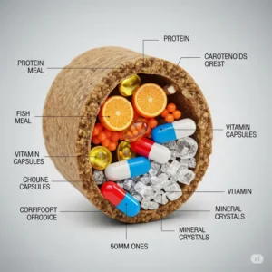 A visual representation of key ingredients found in nutritional food pellets for fish, such as protein, vitamins, and minerals