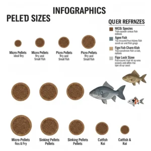 An infographic illustrating various sizes of fish food pellets, from micro to large, suitable for different fish species and ages