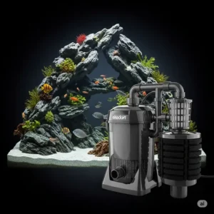 An efficient external canister filter, crucial for maintaining pristine water quality in a rocky fish tank environment.