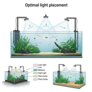 A diagram or illustration demonstrating the optimal placement of fish tank lights above an aquarium to ensure even coverage and light penetration for all plants.