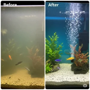Side-by-side comparison illustrating cloudy fish tank water before treatment and sparkling clear water after applying a powerful water clarifier.