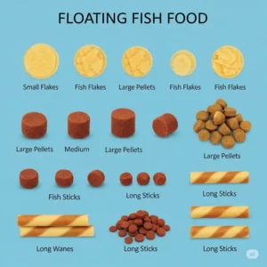 Diagram showcasing different shapes and sizes of floating fish food, including flakes, pellets, and sticks