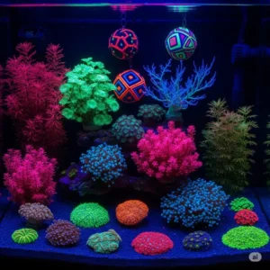 Assortment of fluorescent plants, corals, and ornaments illuminated by black light in a fish tank.