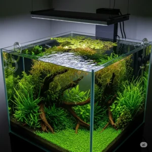 A lush freshwater planted aquarium illuminated by the AquaIllumination Hydra Edge HD, demonstrating optimal plant growth in a modern hydra fish tank.