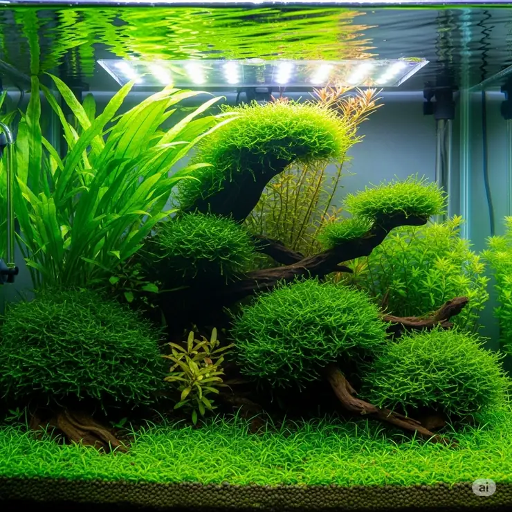 A vibrant freshwater aquarium showcasing lush green plants thriving under specialized LED fish tank lights, highlighting optimal growth and coloration.