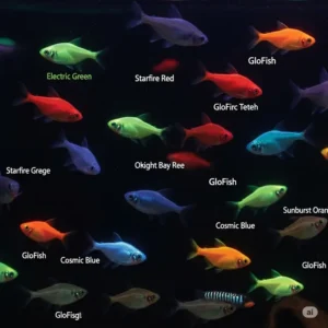 Visual guide showcasing different types and colors of GloFish ideal for a black light fish tank.