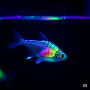 Close-up of brightly glowing fish, such as GloFish, swimming in a black light fish tank.