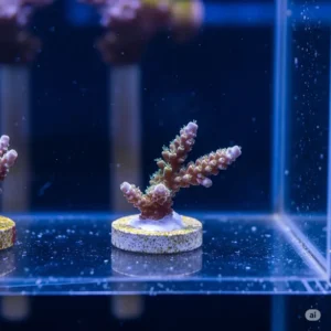 A small, healthy coral frag (fragment) attached to a frag plug, acclimatizing in a coral propagation fish tank.