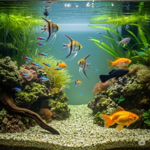  Image of a variety of healthy, active fish thriving in a fish tank with perfectly clear and well-clarified water.