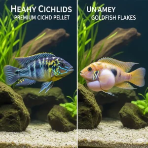 A side-by-side illustration comparing a healthy, vibrant cichlid fed with proper cichlid fish food to an unhealthy cichlid showing signs of nutrient deficiency or bloat due to poor diet.