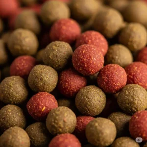 Close-up of high-protein pellets, an essential exotic fish food for carnivorous and active species, designed for optimal growth and coloration.