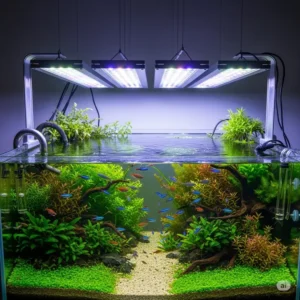 A sophisticated planted aquarium setup with advanced fish tank lights, illustrating the intensity and control required for high-tech plant cultivation.